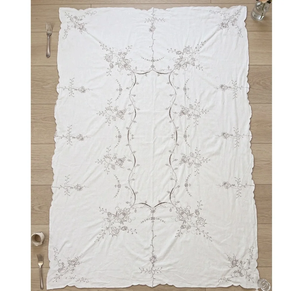 Vintage Antique Hand Embroidered White Linen Tablecloth Scalloped Cutwork Floral
